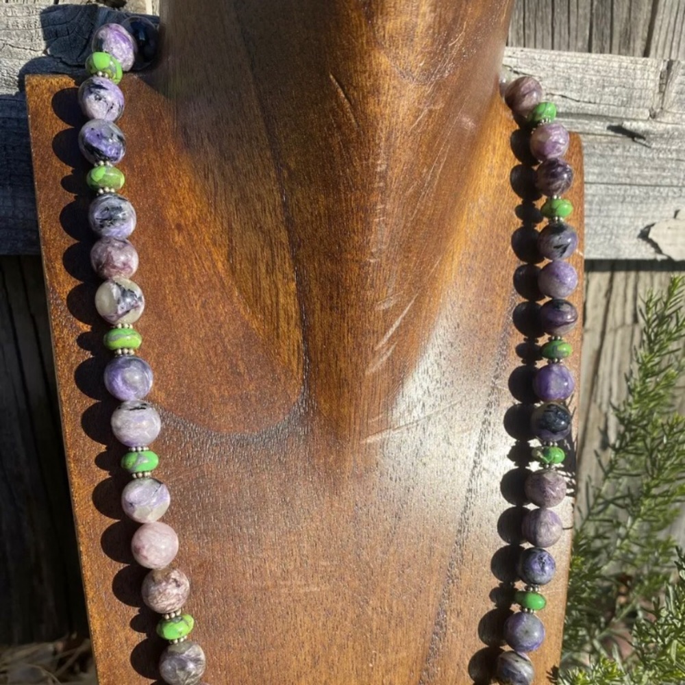 Sterlingsilver Charoite Greenturquoisebeadnecklace - image 1